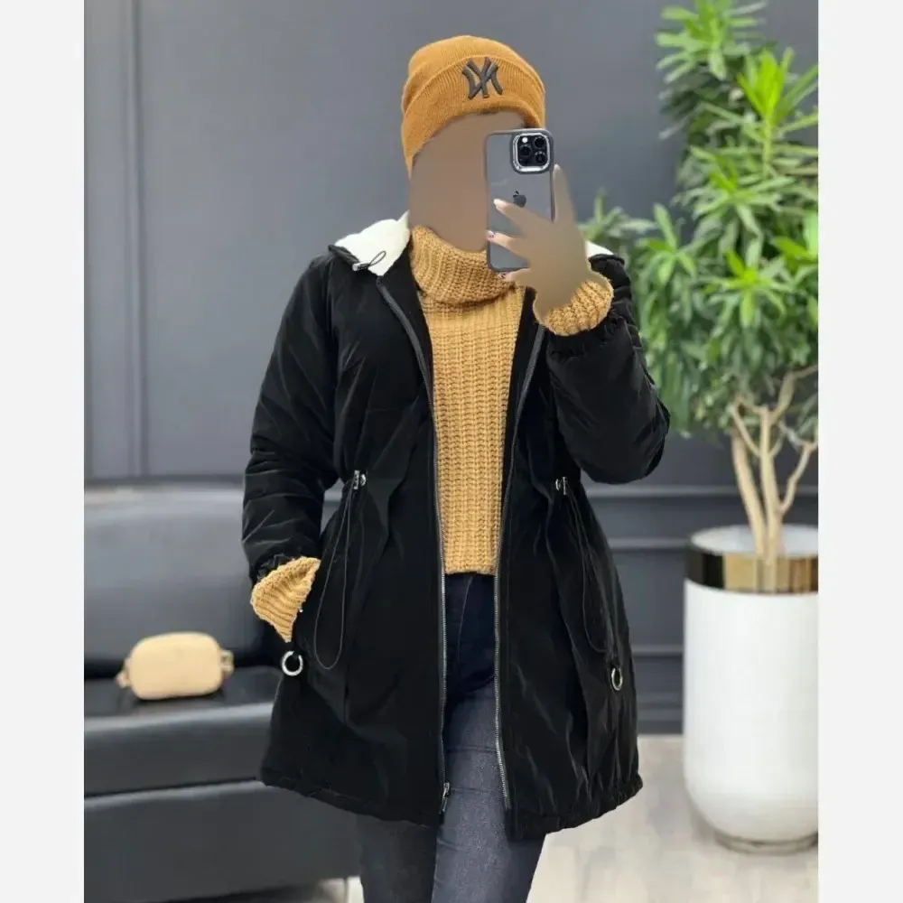 کاپشن زنانه لیوسا سیلیکونی داخل ببعی کلاهدار رنگ مشکی سایز 38 تا 46