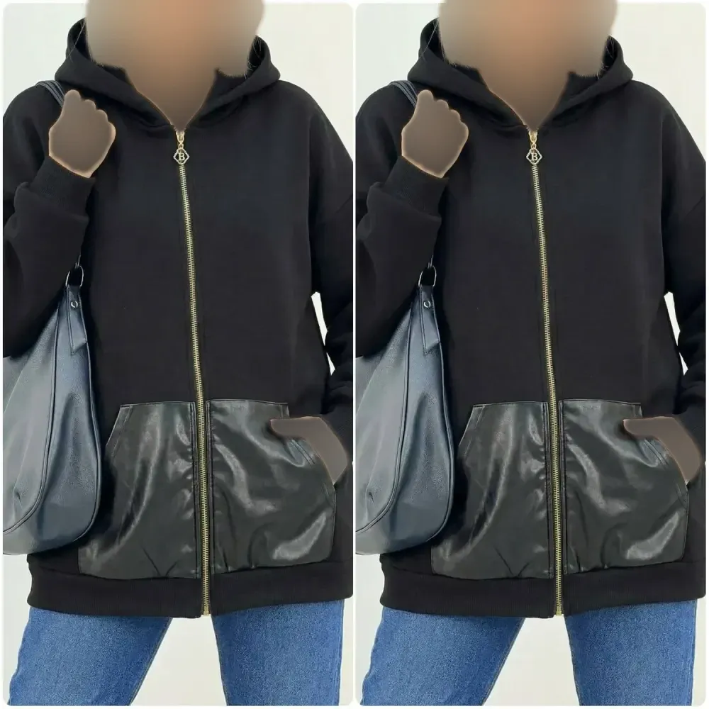 سوییشرت دورس توکرکی جیب چرم مشکی فری سایز زنانه مردانه