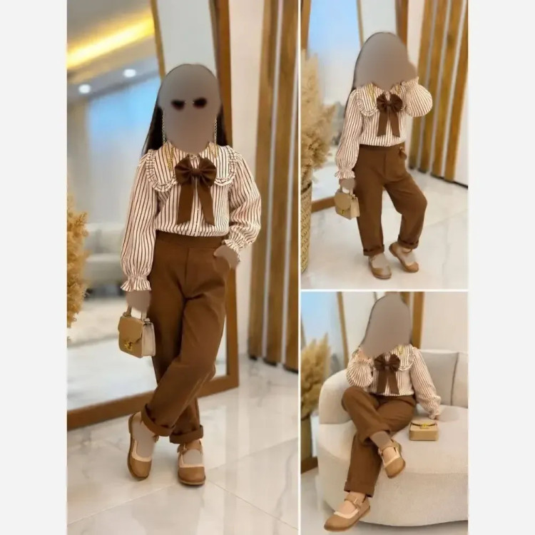 ست دخترانه شومیز و شلوار مازراتی پاپیون دار راه راه
