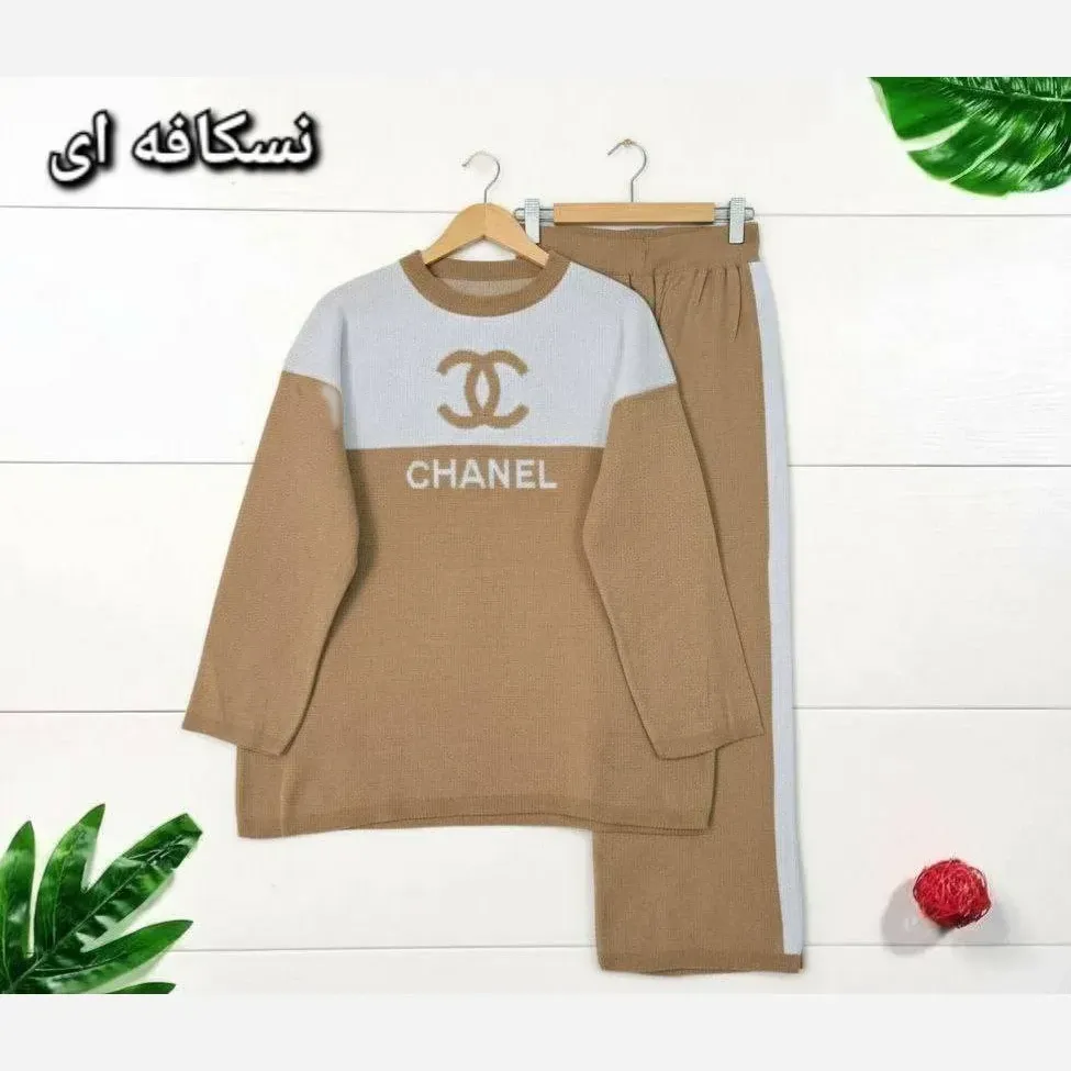 بلوز و شلوار بافت زنانه مدل chanel رنگ طوسی و نسکافه ای فری سایز