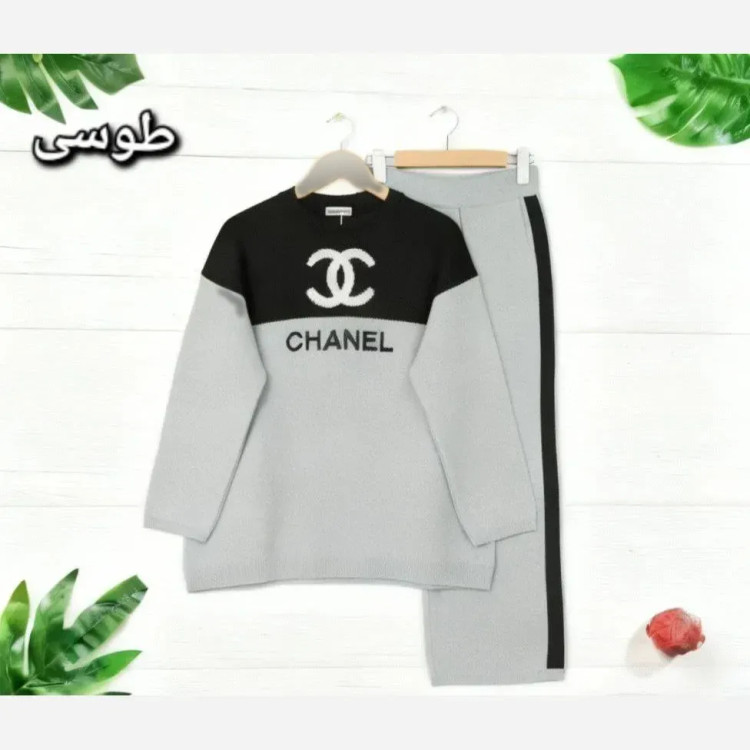 بلوز و شلوار بافت زنانه مدل chanel رنگ طوسی و نسکافه ای فری سایز