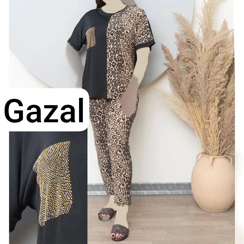 ست بلیز شلوار زنانه فلامنت وارداتی طرح پلنگی سایز بزرگ
