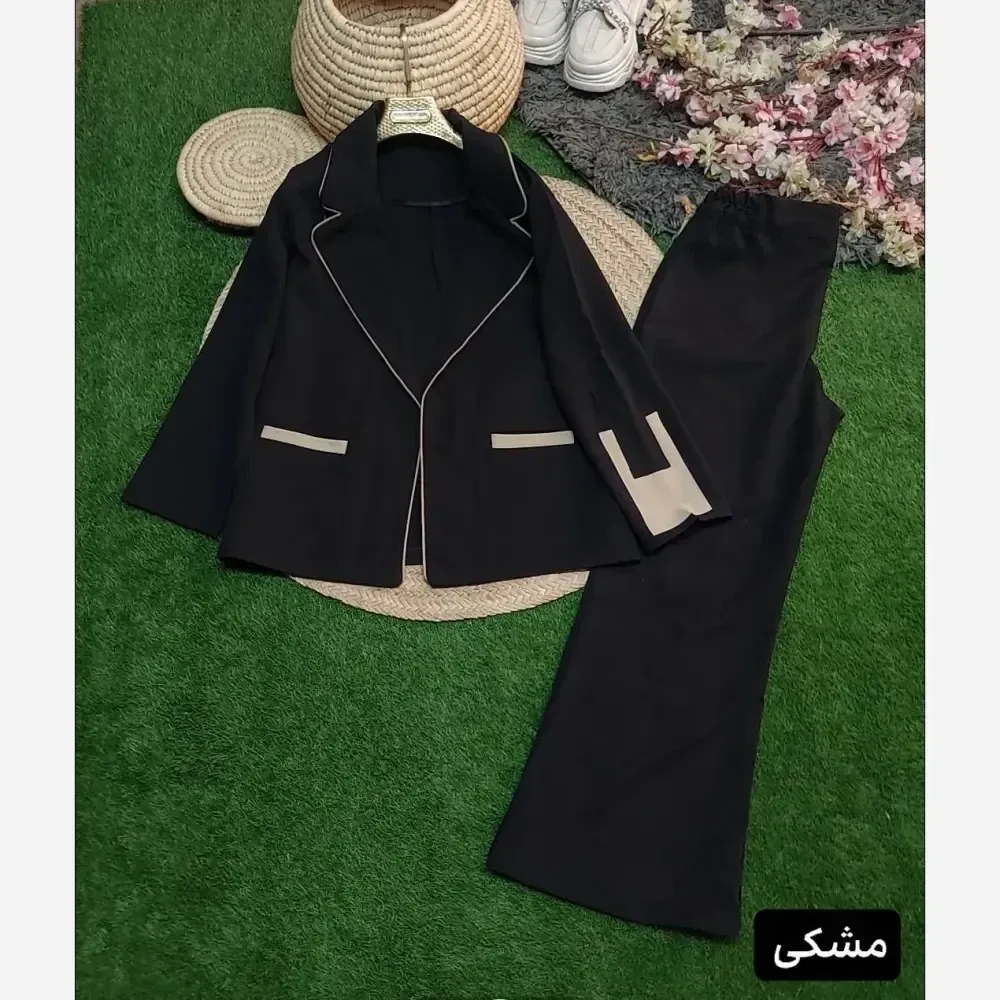 ست کت و شلوار زنانه مزونی نیلوفر جنس هرمس درجه یک رنگ مشکی کرم قهوه ای نسکافه ای سایز 38 تا 46
