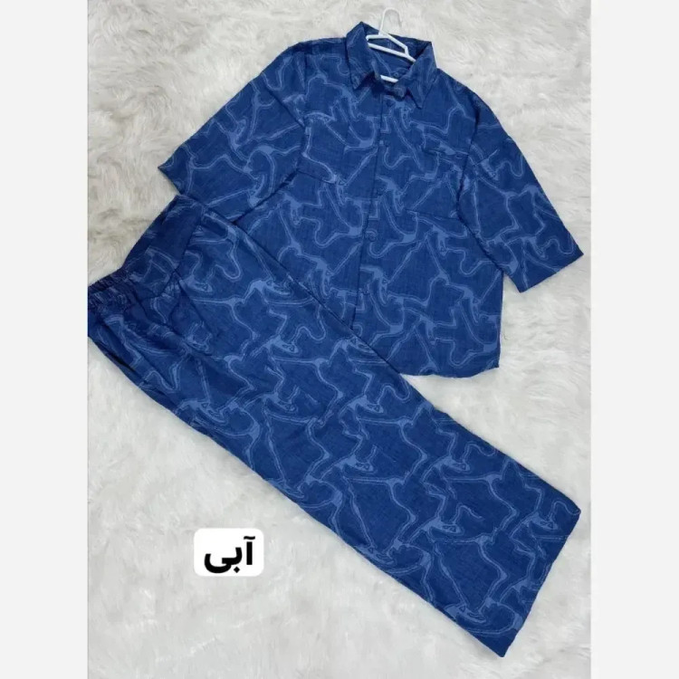 ست شومیز و شلوار طرح موج جنس شانتون ژاکارد فری سایز رنگ مشکی کرم آبی سبز