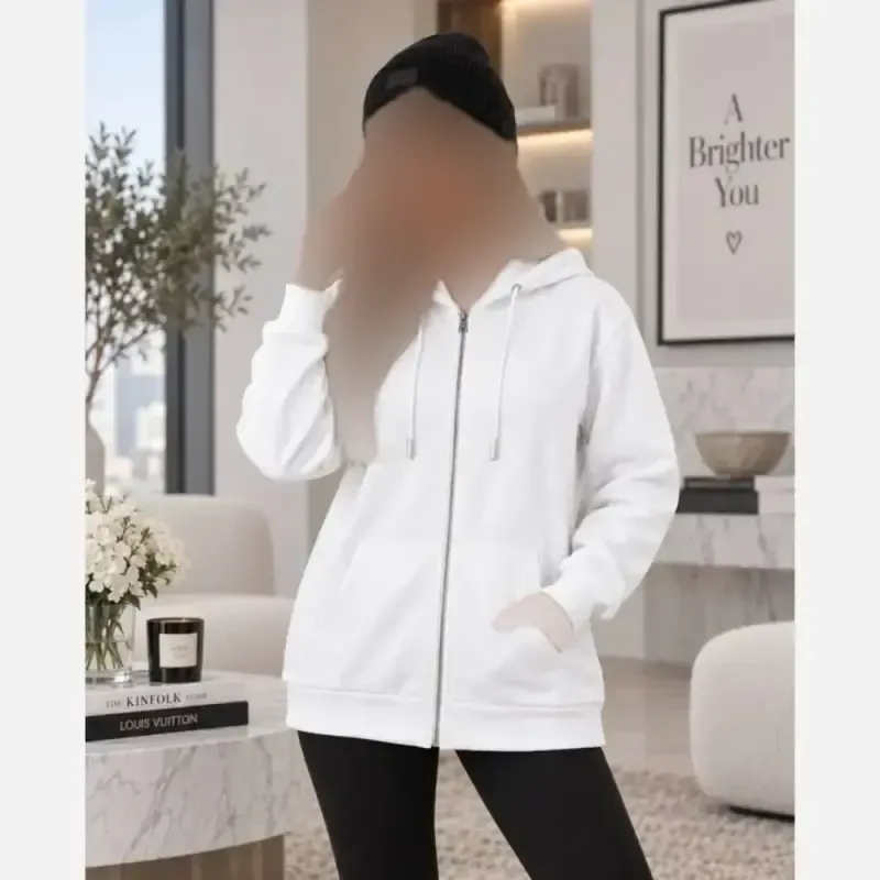سویشرت جلو زیپ زنانه دورس داخل کرکی کلاه دار رنگ مشکی و سفید سایز فری