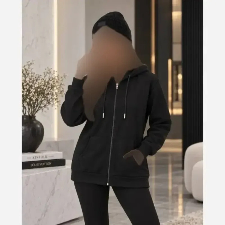 سویشرت جلو زیپ زنانه دورس داخل کرکی کلاه دار رنگ مشکی و سفید سایز فری