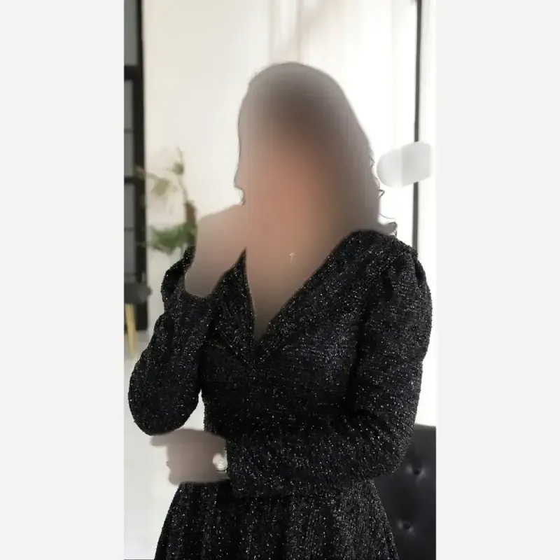 پیراهن مجلسی زنانه گیپور دانتل سنگدوزی مشکی کاپدار قد 155 سایزبندی 40 تا 52