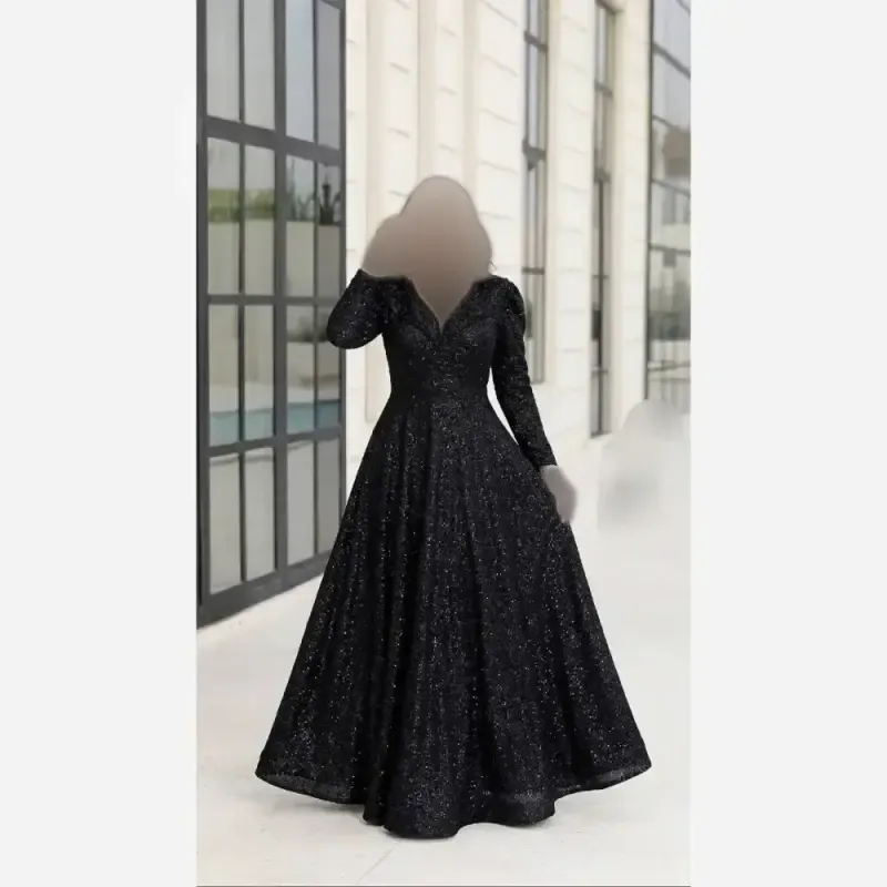پیراهن مجلسی زنانه گیپور دانتل سنگدوزی مشکی کاپدار قد 155 سایزبندی 40 تا 52