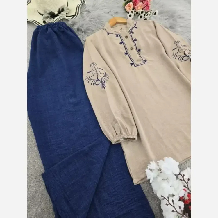 ست تونیک شلوار گندم جنس شانتون گلدوزی شده فری سایز مشکی سرمه ای طوسی سبزسدری