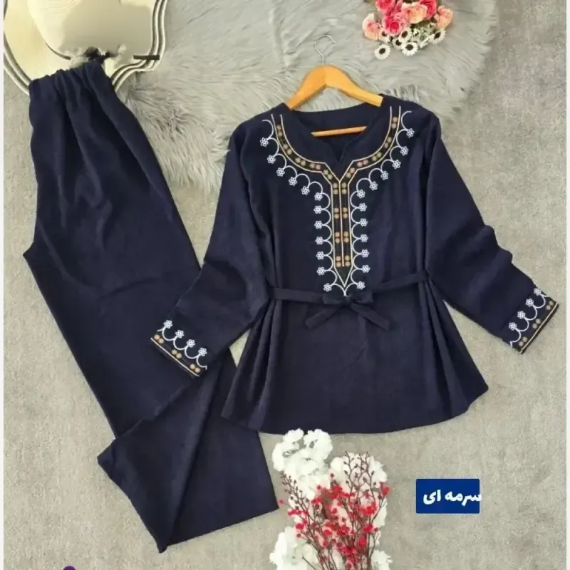 تونیک شلوار پاییزه مخمل کبریتی ریز گلدوزی شده فری سایز شرمین