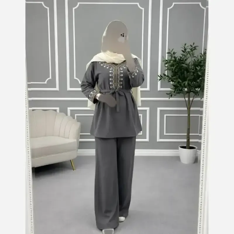 تونیک شلوار پاییزه مخمل کبریتی ریز گلدوزی شده فری سایز شرمین