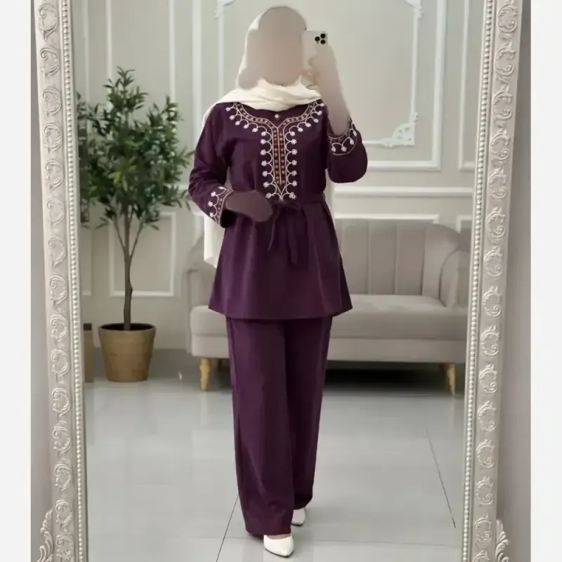 تونیک شلوار پاییزه مخمل کبریتی ریز گلدوزی شده فری سایز شرمین