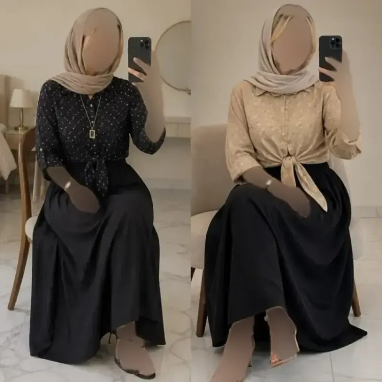ست شومیز گره ای و دامن شانتون فری سایز مشکی کرم نسکافه ای سفید سبزسدری