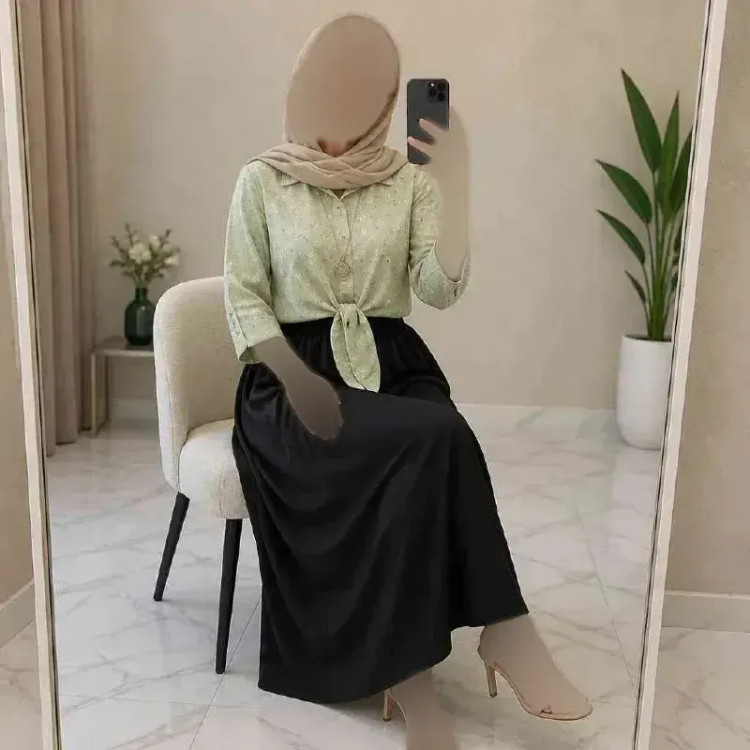 ست شومیز گره ای و دامن شانتون فری سایز مشکی کرم نسکافه ای سفید سبزسدری