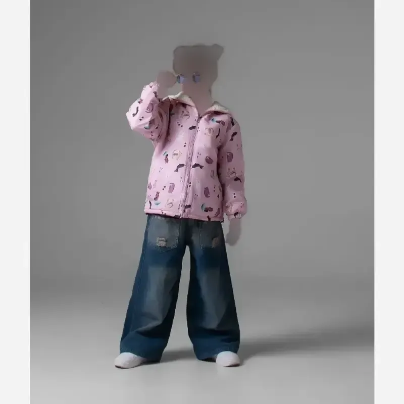 سویشرت دخترانه تمام خز دمپا گت طرح animal صورتی آستری ضخیم چاپ دیجیتال رویه مموری ضد آب مناسب 3 تا 10 سال