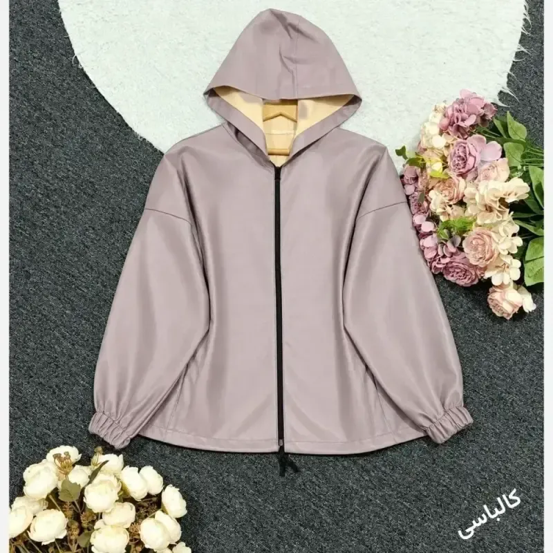کاپشن چرم کلاهدار زنانه فری سایز 38 تا 48 چرم صنعتی درجه یک