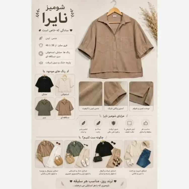 شومیز دو جیب نایرا لینن فری سایز زنانه