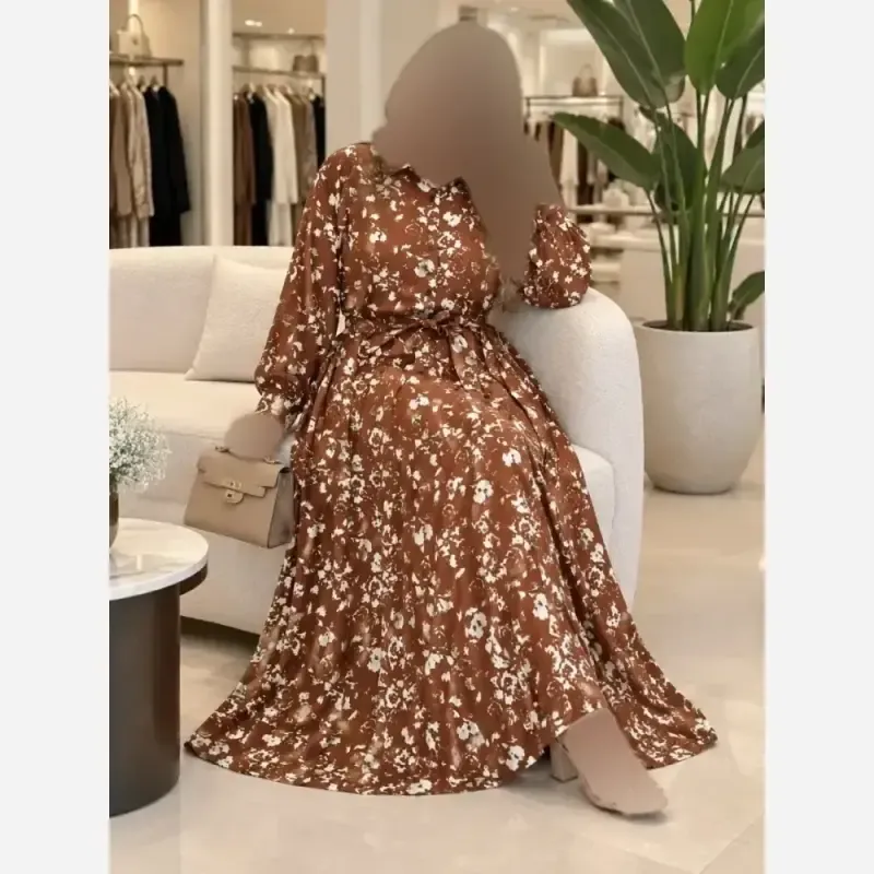 پیراهن بلند الیزه طرحدار زنانه فری سایز رنگ مشکی و قهوه ای آجری