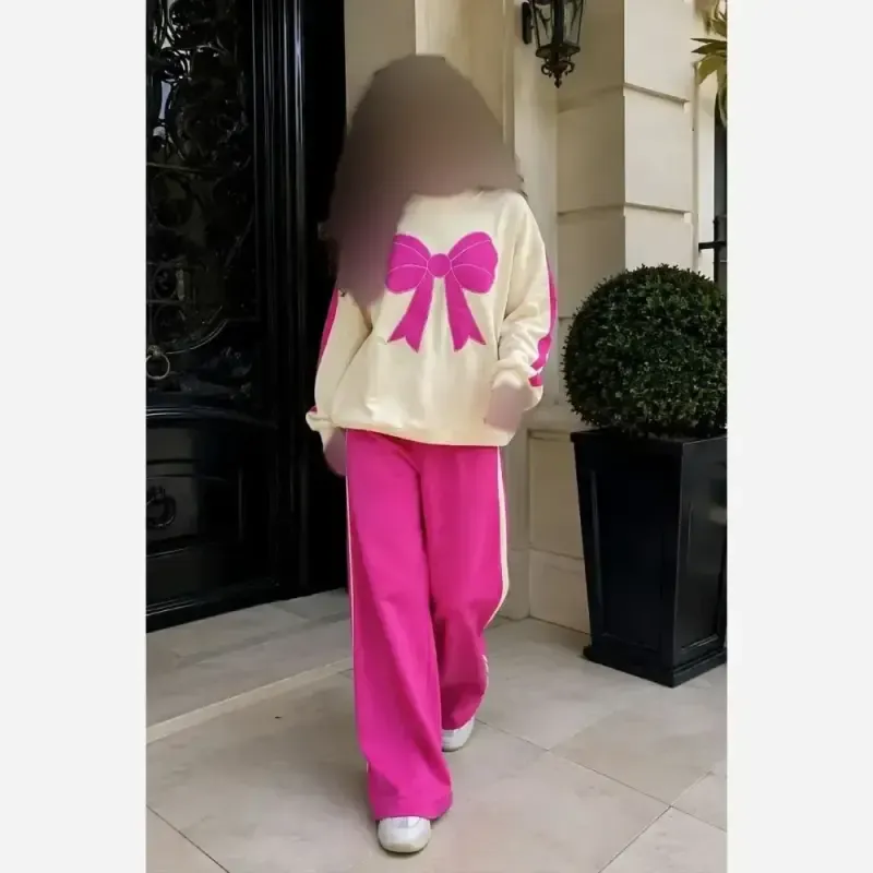 بلوز و شلوار بچگانه دورس پنبه لاکرا طرح پاپیون صورتی