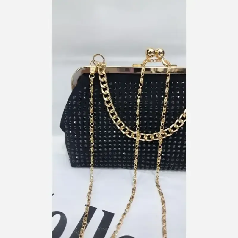 کیف مجلسی زنانه مخمل نگین کاری شده مشکی بند زنجیری سایز 18 در 13
