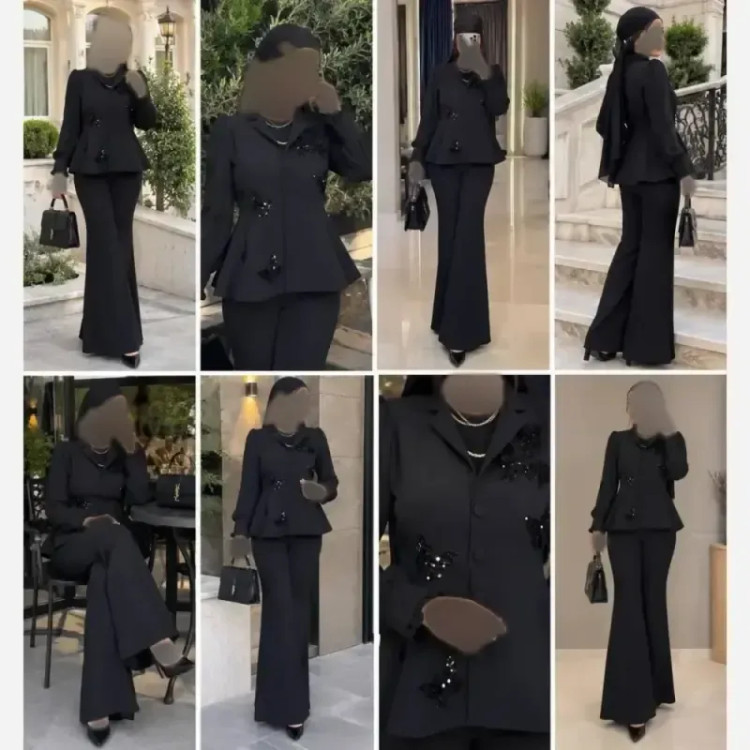 کت و شلوار مجلسی زنانه جواهردوزی مدل شیما رنگ مشکی پارچه مازراتی و آستین حریر