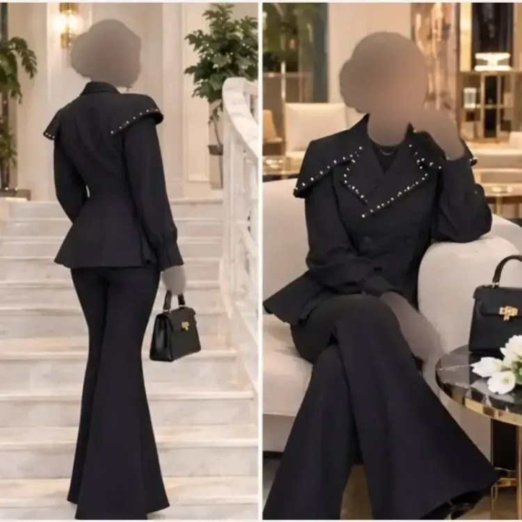 کت و شلوار مجلسی زنانه مدل سیما جنس مازراتی و آستین حریر رنگ مشکی