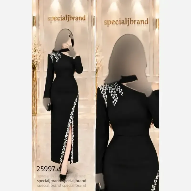 پیراهن مجلسی مشکی زنانه مدل مانیسا جنس غواصی و سنگدوزی دست سایز 38 تا 48