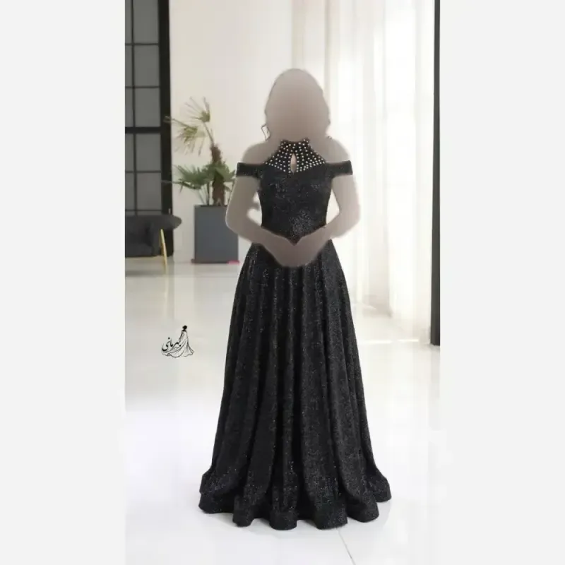 لباس مجلسی زنانه دانتل چمنی مشکی کاپدار نگین دار قد 155 سایز 38 تا 52