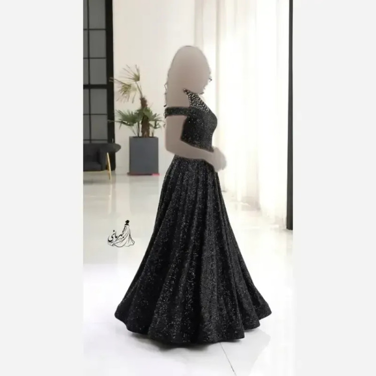 لباس مجلسی زنانه دانتل چمنی مشکی کاپدار نگین دار قد 155 سایز 38 تا 52