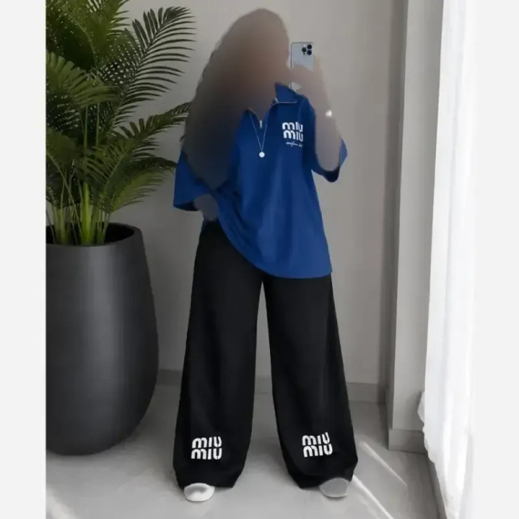 ست دو تیکه تیشرت یقه زیپ و شلوار بگ گلکسی نخ پنبه اعلاء فری سایز تا 48