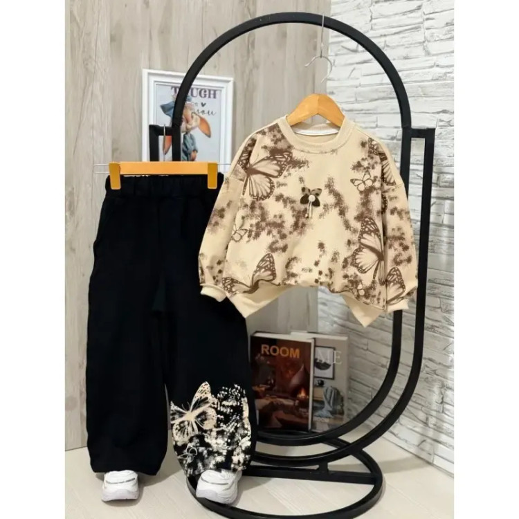 ست بلوز و شلوار دخترانه دورس پاییزه طرح پروانه سایز 45 تا 65 رنگ شکلاتی کرم سفید
