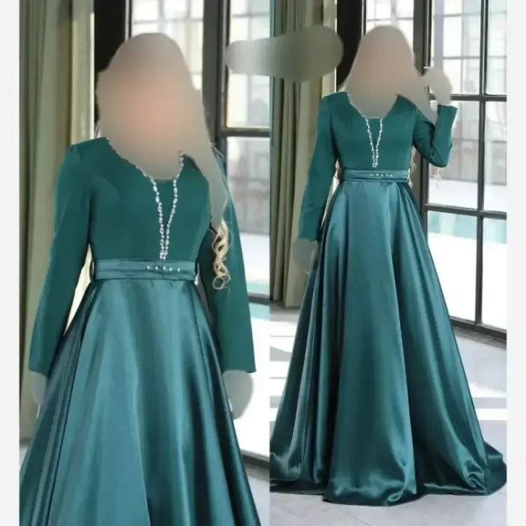 پیراهن مجلسی زنانه مدل همتا جسیمکو و ساتن سنگ دوزی شده رنگ سبزماچا