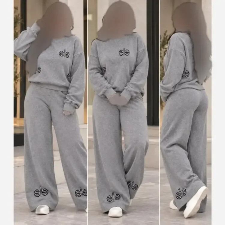 ست بافت زنانه دو تکه بلوز یقه گرد و شلوار بگ فری سایز تا 48 بافت دولایه درجه 1