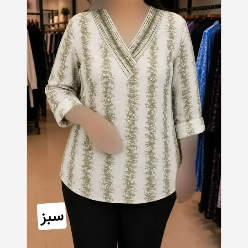 تونیک زنانه پفکی آستین سه ربع یقه هفتی نگین دار سایز بزرگ فریز سایز