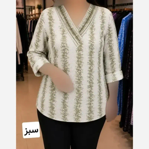 تونیک زنانه پفکی آستین سه ربع یقه هفتی نگین دار سایز بزرگ فریز سایز