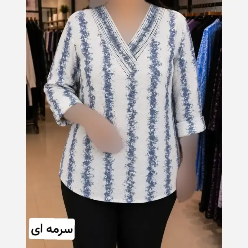 تونیک زنانه پفکی آستین سه ربع یقه هفتی نگین دار سایز بزرگ فریز سایز