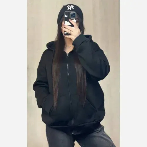 سویشرت زنانه جلو زیپ دار دورس تو کرکی مشکی