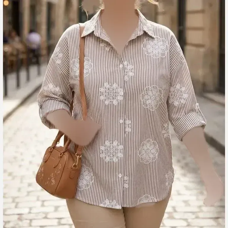 شومیز لنین زنانه آستین سه ربع مدل درنا رنگ راه قهوه ای و راه سبز سایز آزاد