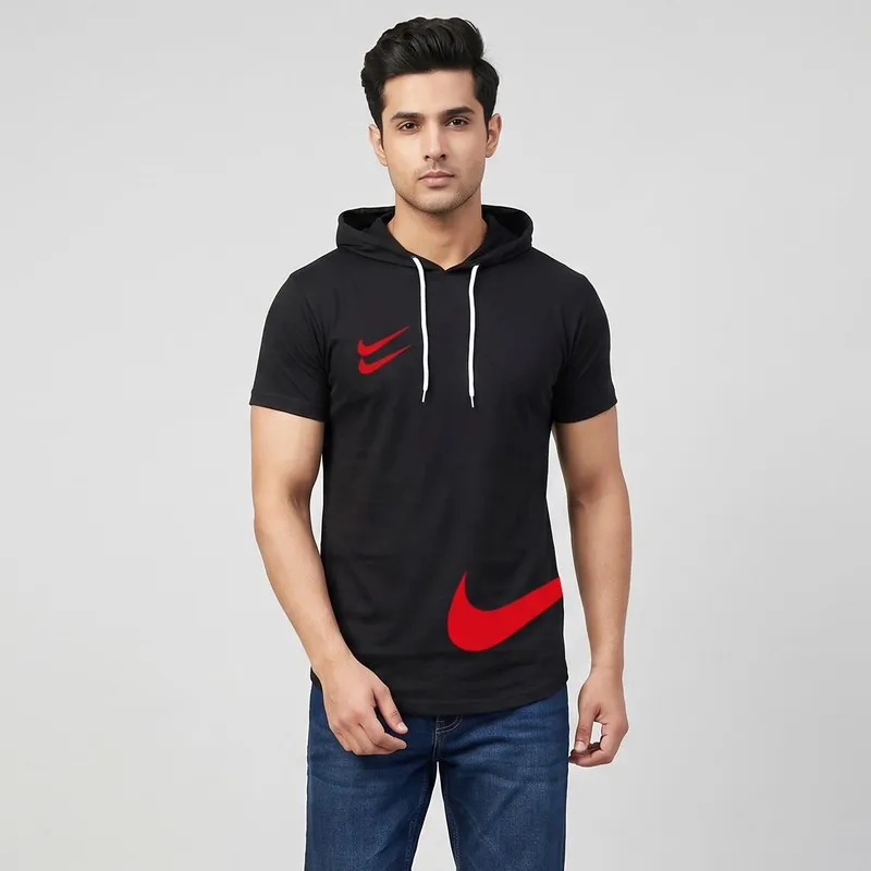تی شرت کلاه دار مردانه نخی آستین کوتاه مشکی