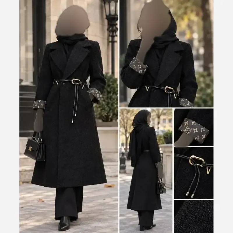 پالتو زنانه فریما بلند آستردار مشکی مزون دوز