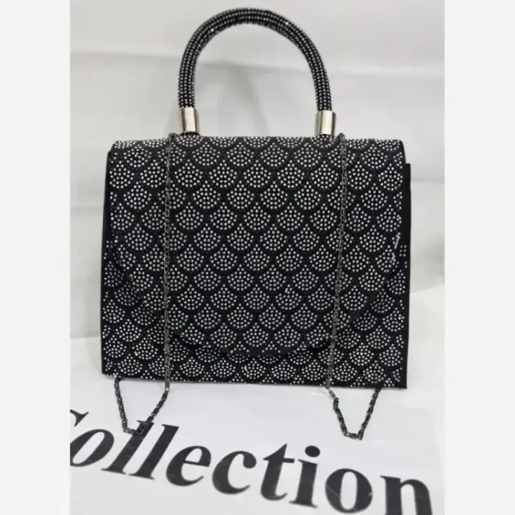 کیف مجلسی زنانه مخمل نگین کاری شده و چرم با بند زنجیری ابعاد 23 در 18