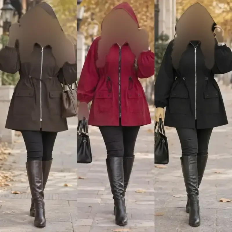 مانتو کلاهدار مخمل کبریتی پاییزه مدل صبا سایز بزرگ جیب دار