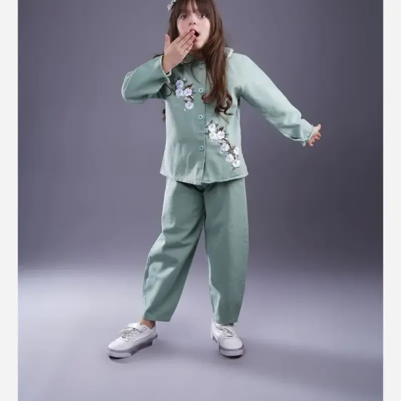 بلوز و شلوار دخترانه مدل کت و شلوار گلدوزی کتان سنگشور شده سایز 45 تا 60