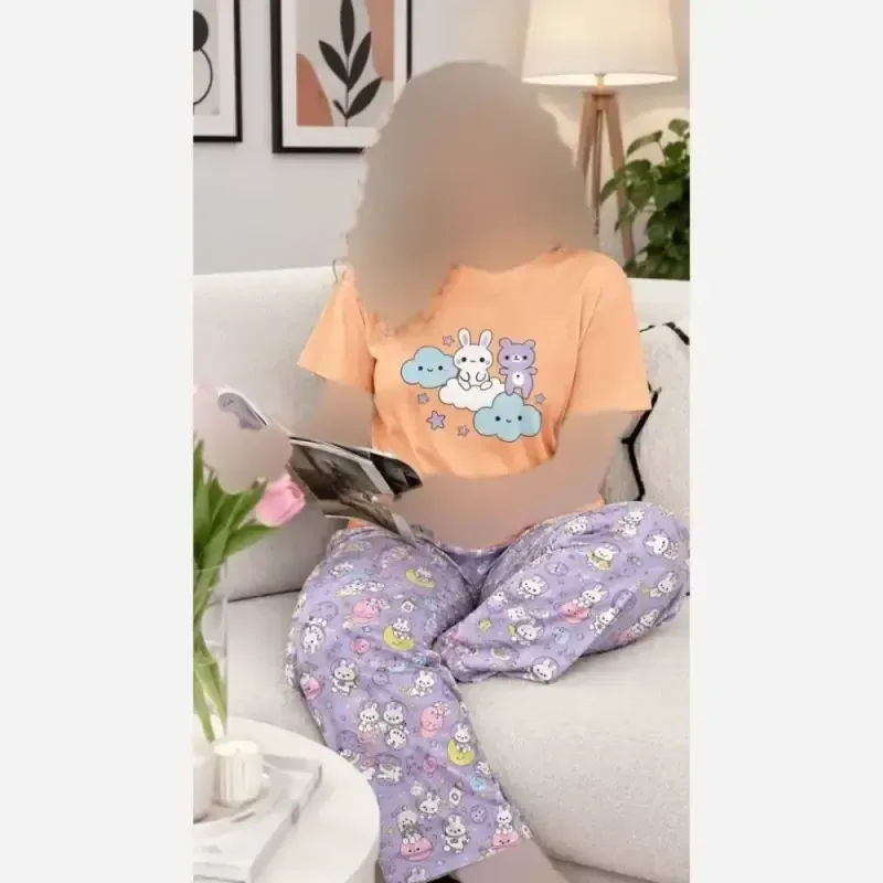 ست تیشرت شلوار عروسکی قواره بزرگ نخ پنبه و بوگاتی فری سایز