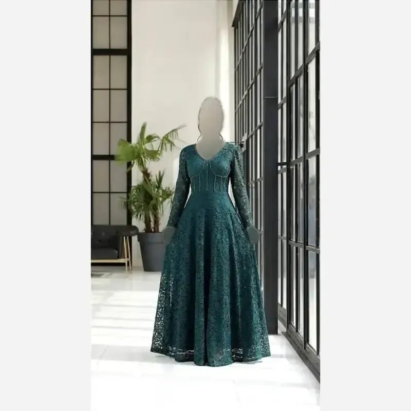 لباس مجلسی دانتل مشکی سبز سنگدوزی شده سایز بزرگ کاپدار قد 155
