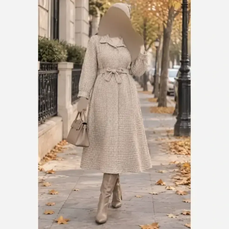 کفتان موهردار زنانه جنس تافته ضخیم کمربنددار قد 120