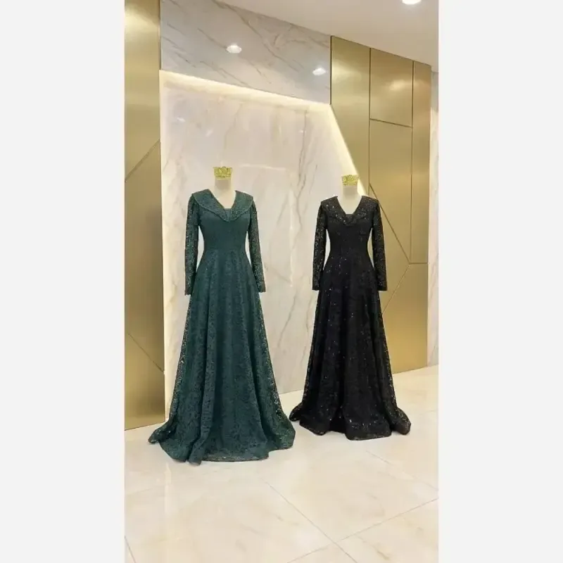 لباس مجلسی زنانه مدل سایه سنگدوزی شده جنس دانتل درجه یک کاپدار مشکی و سبز سایزبندی بزرگ