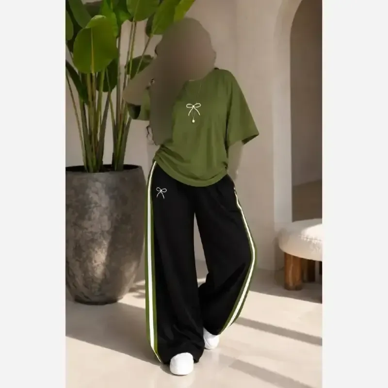 ست دو تیکه تیشرت و شلوار بگ زنانه گلکسی پنبه اعلاء فری سایز تا 48