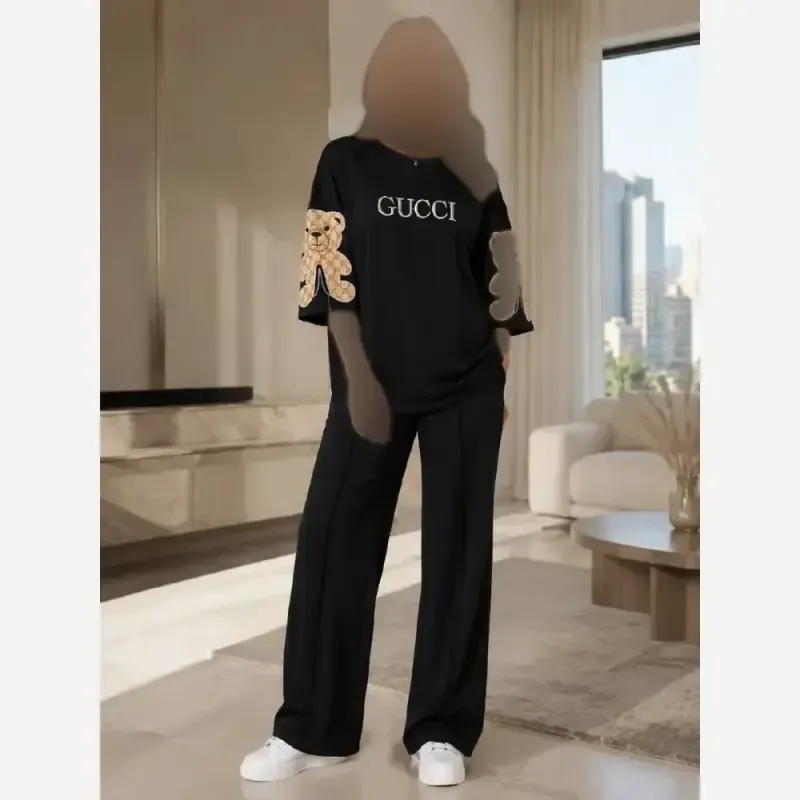 ست زنانه خرسی دورس پنبه پاییزه رنگ مشکی سایز فری 38 تا 46