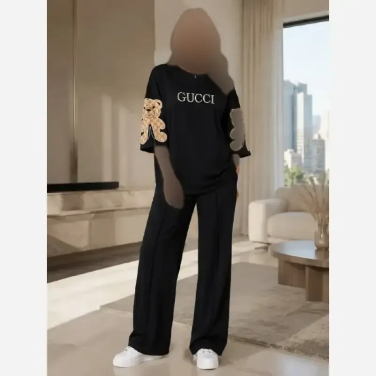 ست زنانه خرسی دورس پنبه پاییزه رنگ مشکی سایز فری 38 تا 46